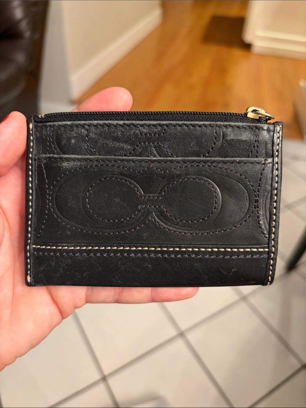 Leather Coach Card Wallet Black Logo Print